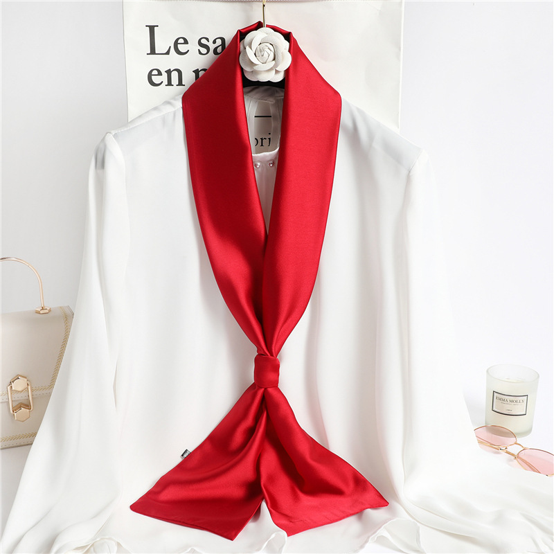 Ascot Neck Scarf - Красный однотонный длинный шелковый шарф для